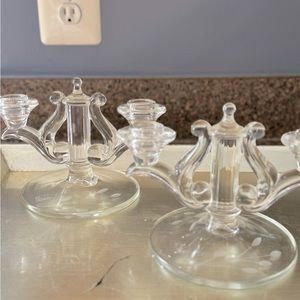 COPY - Candlesticks Rare Pair Crystal Etched Glass Harp Lyre Candelabra Very Ea…